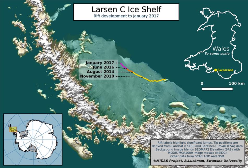 Die Karte zeigt das Larsen C Eisschelf und den zeitlichen Verlauf des Risses, der eventuell zum Abbruch eines Eisberges fÃ¼hren wird, der etwa 5â000 km2 FlÃ¤che aufweisen wird. Dies entspricht etwa der GrÃ¶sse des Kantons Wallis. Bild: A Luckman, Swansea University