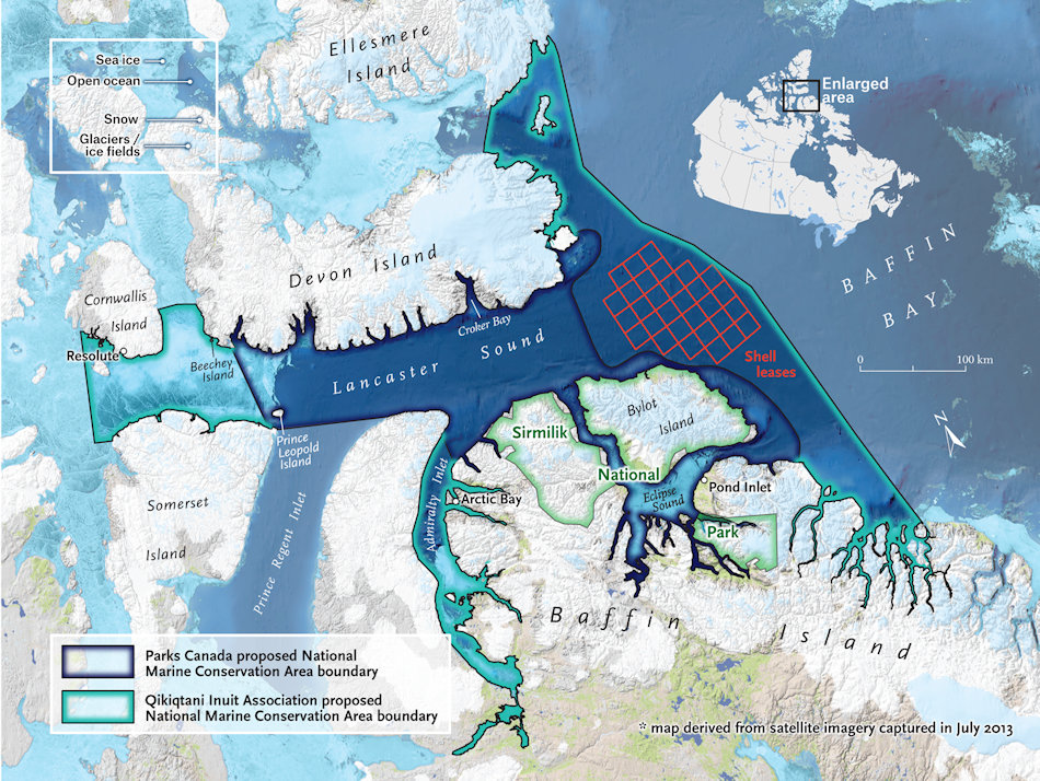 Tallurutiup Imanga bedeutet Lancaster Sound in Inuktitut und wird bei Beendigung der Verhandlungen das grÃ¶sste kanadische Meeresschutzgebiet sein. Es beinhaltet auch eine von Shell geleaste FlÃ¤che zur Rohstoffgewinnung (rot) Der dunkle Teil war die von Parks Kanada vorgeschlagene FlÃ¤che, der helle Rand zeigt die nun durchgesetzte FlÃ¤che. Bild: Canadian Geographic 